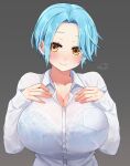  1girl artist_name blue_bra blue_hair bra bra_visible_through_clothes breast_pocket breasts collared_shirt dress_shirt festa11307070 hand_up hands_on_own_chest huge_breasts long_sleeves moira_(nijisanji) mole mole_under_mouth nijisanji pocket shirt short_hair simple_background solo underwear upper_body white_shirt yellow_eyes 
