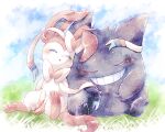  closed_eyes cloud commentary_request day gengar grass grin highres no_humans outdoors pokemon pokemon_(creature) remedy_matome sitting sky sleeping smile sylveon teeth 