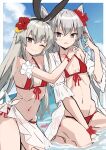  2girls amatsukaze_(kancolle) bikini blush breasts brown_eyes cloud day flower grey_hair hair_between_eyes hair_flower hair_ornament hibiscus highres kantai_collection kneeling long_hair looking_at_viewer multiple_girls off_shoulder one_eye_closed parted_lips red_bikini red_flower sarong see-through shimakaze_(kancolle) sitting sky small_breasts smile swimsuit takanashi_kei_(hitsujikan) two_side_up very_long_hair 