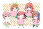  5girls aged_down ahoge black_pantyhose blunt_bangs border brown_hair chibi chinese_commentary choppy_bangs clothes_around_waist commentary_request double-parted_bangs go-toubun_no_hanayome green_hairband green_ribbon green_skirt green_socks hair_between_eyes hairband headphones highres mochi_punin multiple_girls nakano_ichika nakano_itsuki nakano_miku nakano_nino nakano_yotsuba one_eye_closed open_mouth orange_socks outside_border outstretched_arms pantyhose pink_socks pink_sweater ribbon shirt skirt smile socks sweater sweater_around_waist teeth twitter_username upper_teeth_only white_border white_shirt 