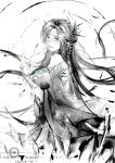  1girl absurdres artist_request backless_dress backless_outfit bare_shoulders breasts closed_mouth doupo_cangqiong dress from_side greyscale gu_xun_er_(doupo_cangqiong) halo hand_up highres ink_(medium) jewelry large_breasts long_hair long_sleeves looking_at_viewer monochrome partially_colored second-party_source solo traditional_media white_background 