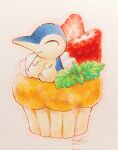  ^_^ artist_name closed_eyes closed_mouth commentary_request cyndaquil dated food fruit highres leaf mint muffin no_humans pokemon pokemon_(creature) riseko_(ri_se_ko_2) signature simple_background sitting smile strawberry strawberry_slice twitter_username whipped_cream white_background 