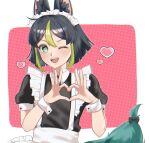  1boy alternate_costume animal_ear_fluff animal_ears apron black_hair bow commentary crossdressing fox_boy fox_ears fox_tail genshin_impact green_eyes green_hair heart heart_hands highres looking_at_viewer maid maid_apron maid_headdress male_focus multicolored_hair one_eye_closed open_mouth papipipi71 smile solo tail tail_bow tail_ornament tighnari_(genshin_impact) white_wrist_cuffs 
