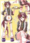  1girl animal_ears apron arrow_(symbol) black_jacket black_shorts blue_footwear blush brown_hair carrot carrot_print closed_mouth commentary_request eyepatch food food_print frilled_apron frills hair_over_one_eye hand_on_own_hip hand_up highres holding holding_tray horse_ears horse_girl horse_tail jacket jersey_maid kneehighs loose_socks maid maid_headdress multicolored_hair multiple_views plate puffy_shorts sandwich shoes short_shorts shorts smile socks standing streaked_hair tail tanino_gimlet_(umamusume) track_jacket translation_request tray umamusume unconventional_maid white_apron white_hair white_socks yellow_eyes yon_no_uma 