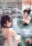  2girls artist_name bamboo bare_back bare_shoulders bathing black_hair blue_eyes blush breasts choko_(cup) cleavage collarbone covering cup hair_between_eyes highres large_breasts long_hair looking_at_viewer multiple_girls naked_towel nude_cover one_eye_closed onsen parted_lips partially_submerged ponytail short_hair siblings sidelocks smile smodzz998 soaking_feet tokkuri towel water wet yahari_ore_no_seishun_lovecome_wa_machigatteiru. yukinoshita_haruno yukinoshita_yukino 