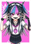  1girl black_hair blue_hair border breasts danganronpa_(series) danganronpa_2:_goodbye_despair hair_horns hands_up highres jewelry long_hair looking_at_viewer mioda_ibuki multicolored_hair open_mouth piercing pink_background pink_eyes pink_hair rabe_(rabe64311012) sailor_collar school_uniform serafuku shirt short_sleeves skirt smile solo thighhighs white_border white_hair 