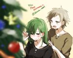  1boy 1girl :| black_shirt blurry blush brown_eyes brown_shirt christmas christmas_ornaments christmas_tree closed_mouth collarbone colored_text commentary_request cross-laced_clothes cross-laced_slit dated depth_of_field diagonal_bangs english_text green_hair hair_between_eyes holding_another&#039;s_hair kagerou_project kano_shuuya kido_tsubomi light_brown_hair long_bangs long_hair looking_at_another looking_away looking_to_the_side lowres merry_christmas mokemoke_chan notched_neckline open_mouth partial_commentary purple_eyes shirt short_hair short_sleeves straight_hair twitter_username upper_body 