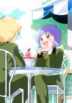  2boys :d artist_name awning bad_perspective blonde_hair blue_eyes blue_sky blush bowl brown_eyes bush cafe chair char_aznable cloud cloudy_sky elbow_rest elbows_on_table food fruit garma_zabi green_jacket green_pants gundam head_rest high_collar ice_cream jacket long_sleeves looking_at_another male_focus menu_board mobile_suit_gundam_the_origin multiple_boys open_mouth outdoors p.kibi pants purple_hair short_hair signature sitting sky smile sparkle strawberry strawberry_slice table teeth upper_teeth_only 