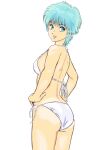  1girl :d aqua_eyes aqua_hair ass bare_arms bare_shoulders bikini breasts cowboy_shot highres legs_together medium_breasts mizumori_keiichi open_mouth short_hair side-tie_bikini_bottom simple_background smile solo swimsuit thighs very_short_hair white_background white_bikini wingman yume_aoi 