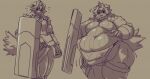  anthro arknights belly belly_expansion big_belly big_butt big_cheeks bodily_fluids butt canid canine canis clothing domestic_dog expansion expansion_sequence hair hi_res horn hung_(arknights) hypergryph long_hair male mammal monochrome moobs motion_lines multiple_images obese obese_anthro obese_male overalls overweight overweight_anthro overweight_male ryuhayabusa7644 shield shirt solo standing studio_montagne sweat sweatdrop tank_top thick_thighs topwear weight_gain 