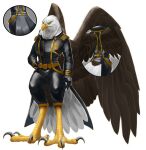  2023 absurd_res accipitrid accipitriform alcander anthro athletic avian avian_feet award bald_eagle beak bird black_claws black_clothing bottomwear brown_body brown_feathers claws clothing cutaway dsw7 eagle feathered_wings feathers gloves gold_(metal) gold_belt gold_trim hand_on_hip handwear hi_res leather leather_clothing leather_gloves leather_handwear male medal pants scales sea_eagle shirt solo tail_feathers talon_hands talons topwear white_body white_feathers wings yellow_body yellow_eyes yellow_scales 
