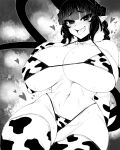  1girl animal_ears animal_print bikini braid breasts cat_ears cat_girl cat_tail cleavage cow_print elbow_gloves extra_ears fang gloves greyscale haseru_(ginku_mh) heart huge_breasts kaenbyou_rin monochrome multiple_tails navel nekomata open_mouth pointy_ears side_braids skin_fang solo swimsuit tail thighhighs tongue tongue_out touhou twin_braids two_tails 