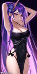  1girl armpits arms_up bare_arms bare_shoulders black_background black_dress breasts cleavage commentary covered_navel cowboy_shot dress flower genshin_impact hair_flower hair_ornament helloimtea highres large_breasts long_hair looking_at_viewer mole mole_under_eye purple_eyes purple_hair raiden_shogun simple_background sleeveless sleeveless_dress solo standing thighs very_long_hair 