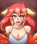  1girl bare_shoulders blonde_hair breasts cleavage fiora_(thundragon) hair_between_eyes harpy heart heart-shaped_pupils highres large_breasts long_hair looking_at_viewer monster_girl multicolored_hair open_mouth orange_eyes orange_feathers orange_wings original red_hair solo symbol-shaped_pupils tank_top thundragon two-tone_hair white_tank_top winged_arms wings 