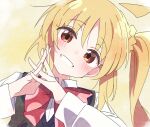  1girl ahoge blonde_hair blush bocchi_the_rock! bow bowtie ijichi_nijika ixy long_hair looking_at_viewer red_bow red_bowtie red_eyes side_ponytail smile solo upper_body 