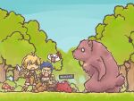  1girl 2boys angry bear bigfoot_(ragnarok_online) blonde_hair blue_hair blue_sky boots brown_footwear brown_gloves brown_shorts chibi commentary_request dagger faceplant forest full_body gloves holding holding_dagger holding_knife holding_weapon knife long_bangs looking_at_another minorigo_flow multiple_boys mushroom nature novice_(ragnarok_online) open_mouth outdoors ragnarok_online red_hair short_hair shorts sky translation_request tree weapon 