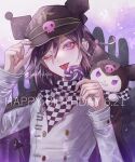  1boy artist_name black_hair black_headwear buttons candy checkered_clothes checkered_scarf cosplay danganronpa_(series) danganronpa_v3:_killing_harmony demon_tail double-breasted food grin hair_between_eyes hand_up happy_birthday highres holding holding_candy holding_food holding_lollipop kuromi kuromi_(cosplay) lollipop long_sleeves multicolored_background oma_kokichi onegai_my_melody pink_eyes scarf skull_ornament smile tail teeth z-epto_(chat-noir86) 