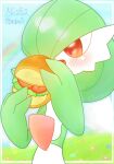  1girl artist_name blush bob_cut border character_name colored_skin commentary english_text flat_chest flower food gardevoir grass green_hair green_skin hair_over_one_eye hands_up heart highres holding holding_food holding_sandwich lettuce multicolored_skin one_eye_covered open_mouth outside_border pokedex_number pokemon pokemon_(creature) rainbow red_eyes short_hair signature solo standing tomato tomato_slice twitter_username two-tone_skin upper_body white_border white_skin yuri_(pixiv_76483886) 