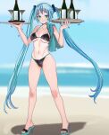  1girl aqua_hair aqua_nails aruman beach bikini black_bikini blue_sky blurry blurry_background bottle breasts cloud cocktail_glass colored_shoe_soles commentary cup drinking_glass full_body grin hands_up hatsune_miku high_heels highres holding holding_tray horizon large_breasts legs long_hair looking_at_viewer nail_polish navel ocean outdoors paid_reward_available sandals sky smile solo standing swimsuit toenail_polish toenails toes towel_on_one_shoulder tray trembling twintails variant_set very_long_hair vocaloid wine_bottle 