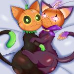  absurd_res andromorph anthro domestic_cat duo embrace felid feline felis female female/female feral food fruit hi_res hug intersex league_of_legends mammal nameigo plant pumkat pumpkin riot_games simple_background smile tail trick_or_treat white_background yuumi_(lol) 