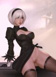  1girl 2b_(nier:automata) arm_support arms_behind_back ass_visible_through_thighs black_dress black_gloves black_hairband blue_eyes breasts brown_thighhighs cleavage cleavage_cutout clitoris clothing_aside clothing_cutout dress dress_aside feather-trimmed_sleeves freli gloves hairband highres lace-trimmed_thighhighs lips medium_breasts multicolored_clothes multicolored_gloves nier:automata nier_(series) parted_lips patreon_logo patreon_username pussy short_hair sitting solo thighhighs two-tone_gloves uncensored white_gloves white_hair 