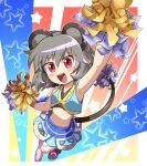  1girl :d alternate_costume animal_ears arm_up armpits blue_skirt blue_vest blush breasts cheerleader commentary_request crop_top crystal full_body grey_hair hair_between_eyes jewelry layered_skirt looking_at_viewer medium_bangs midriff miniskirt momomomo_(user_ueus7454) mouse_ears mouse_girl mouse_tail navel nazrin necklace open_mouth pendant pom_pom_(cheerleading) red_eyes short_hair skirt small_breasts smile solo star_(symbol) tail tail_ornament thighhighs touhou v-shaped_eyebrows vest white_thighhighs 