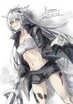  1girl absurdres animal_ears arknights artist_name bandeau black_jacket black_shorts breasts cleavage commentary_request dated fingerless_gloves gloves grey_eyes grey_hair grin hair_between_eyes hair_ornament hairclip highres jacket kuromu lappland_(arknights) long_hair looking_at_viewer midriff navel open_clothes open_jacket oripathy_lesion_(arknights) scar scar_across_eye sharp_teeth short_shorts shorts signature smile solo standing stomach strapless teeth thighs tube_top very_long_hair white_background white_gloves wolf_ears 