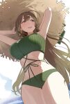  1girl absurdres armpits arms_up breasts brown_eyes brown_hair hat highres idolmaster idolmaster_shiny_colors kuwayama_chiyuki large_breasts long_hair open_mouth smile solo straw_hat swimsuit uouokuma 