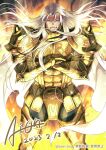  1boy aion_kiu armor artist_name cape crossed_arms dated gauntlets grey_eyes grin long_hair looking_at_viewer male_focus muscular muscular_male saint_seiya shoulder_spikes smile spikes standing taurus_aldebaran thick_eyebrows white_cape white_hair 