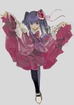  1girl absurdres arm_up black_pantyhose blunt_bangs bow bowtie breasts dress flower frilled_shirt frills furudo_erika grey_background hair_flower hair_ornament hair_ribbon hand_up highres large_breasts leaning_forward long_hair lostack3 pantyhose purple_eyes purple_hair red_bow red_bowtie red_dress red_flower red_ribbon red_rose ribbon rose shirt shoes simple_background smile solo twintails umineko_no_naku_koro_ni white_shirt 