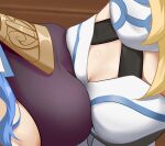  2girls bell blonde_hair blue_hair bodysuit breast_press breasts bu_weizhuang cleavage cowbell ganyu_(genshin_impact) genshin_impact head_out_of_frame highres lumine_(genshin_impact) medium_breasts multiple_girls symmetrical_docking thighhighs upper_body white_thighhighs 