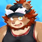  anthro blush bodily_fluids brown_body brown_fur clothing felid fur hat headgear headwear hi_res lifewonders lion male mammal mane mokaron_kun moobs pantherine shirt slightly_chubby solo sweat tank_top tokyo_afterschool_summoners topwear vapula_(tas) yellow_eyes 