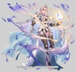 1girl armor aura black_leotard breasts cape cleavage corrin_(female)_(fire_emblem) corrin_(fire_emblem) crown dress essual_(layer_world) fire_emblem fire_emblem_fates fire_emblem_heroes frills full_body gloves hair_between_eyes hair_ornament jewelry leotard long_dress long_hair looking_at_viewer official_alternate_costume official_art pointy_ears power queen red_eyes see-through shoulder_armor solo tiara white_hair 