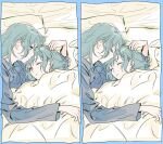  2girls aqua_hair bang_dream! closed_eyes commentary drooling green_eyes highres hikawa_hina hikawa_sayo long_hair lying messy_hair multiple_girls one_eye_closed pajamas parted_lips pillow siblings sleeping twins under_covers zihacheol 