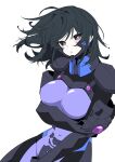  1girl arm_under_breasts ayamine_kei black_hair blush bodysuit breasts bright_pupils covered_navel floating_hair head_tilt highres kamon_rider looking_at_viewer medium_breasts medium_hair muv-luv muv-luv_alternative pilot_suit purple_bodysuit purple_eyes simple_background skin_tight solo white_pupils 