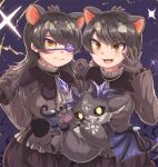  animal_ears australian_devil_(kemono_friends) black_dress black_hair debidebi_debiru demon demon_horns demon_tail demon_wings dress extra_ears eyepatch gloves highres horns kemono_friends kemono_friends_3 long_hair looking_at_viewer nijisanji okyao short_hair simple_background tail tasmanian_devil_(kemono_friends) wings yellow_eyes 