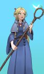  1girl absurdres belt belt_pouch blonde_hair blue_background blue_capelet blue_hood blue_robe brown_belt capelet dungeon_meshi elf green_eyes highres holding holding_staff hood hooded_capelet long_hair long_sleeves marcille open_mouth pointy_ears pouch robe simple_background solo staff standing wide_sleeves yaritoo 