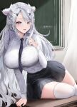  1girl absurdres animal_ears blue_eyes blush breasts chalkboard collared_shirt grey_hair highres large_breasts lillly long_hair long_sleeves looking_at_viewer necktie original parted_lips shirt skirt smile solo thighhighs thighs white_thighhighs 
