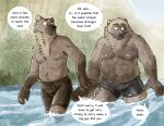  2023 anthro belly biped clothing detailed_background dialogue duo english_text gulonine hi_res male mammal moobs mustelid musteline nipples outside overweight overweight_male rayfkm river swimwear text walking water wolverine 