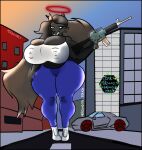  absurd_res anthro big_breasts black_body black_fur black_hair blouse blue_bottomwear blue_clothing blue_eyes blue_pants bottomwear breasts building canid canid_demon car carbine city clothing demon fan_character female footwear fur grin gun hair halo hellhound helluva_boss hi_res huge_breasts humanoid mammal miroughneck_(porto) pants pentagon_(shape) ranged_weapon red_halo road shoes smile solo sunset teeth teeth_showing thick_thighs topwear vehicle weapon white_blouse white_clothing white_footwear white_shoes wide_grin wide_hips 