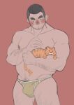  1boy akiyama_(aki11018655) animal arm_hair bara beard_stubble belly blush briefs bulge buzz_cut cat feet_out_of_frame groin hands_up highres holding holding_animal holding_cat leg_hair looking_at_animal looking_down male_focus male_pubic_hair male_underwear mature_male muscular muscular_male navel nipples nose_blush orange_background orange_cat original pectorals plump pubic_hair pubic_hair_peek short_hair sideburns solid_oval_eyes solo sparse_navel_hair standing stomach thick_eyebrows thick_thighs thighs topless_male undercut underwear very_short_hair yellow_male_underwear 