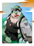  2023 anthro belly big_belly black_nose canid canine canis clothed clothing cute_fangs domestic_dog green_body hi_res itatuki_78 kemono male mammal moobs outside overweight overweight_male shinosuke solo tamacolle 