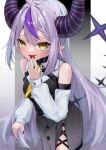  ascot bare_shoulders black_horns black_nails braid braided_bangs detached_sleeves dot_keter fang grey_hair hololive horns la+_darknesss la+_darknesss_(1st_costume) long_hair multicolored_hair pointy_ears purple_hair skin_fang streaked_hair striped_horns virtual_youtuber yellow_ascot 