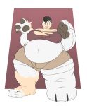  2021 animate_inanimate bear big_breasts bottomwear breasts cargo_shorts clenched_teeth clothing digital_media_(artwork) female hair hi_res human human_to_anthro human_to_inanimate living_plushie looking_down mammal navel overweight overweight_female pawpads plushie robertge shorts simple_background solo species_transformation teeth transformation white_body 