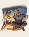  1boy 1girl bandaged_arm bandages blush brown_hair chest_jewel crossed_legs facial_hair father_and_daughter glimmer_(xenoblade) goatee highres indian_style night ohprcr ponytail red_hair rex_(xenoblade) scar scar_across_eye sitting xenoblade_chronicles_(series) xenoblade_chronicles_3 xenoblade_chronicles_3:_future_redeemed 