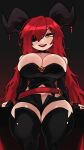  big_breasts breasts cleavage clothed clothing eye_patch eyewear female hair hi_res horn horned_humanoid huge_breasts huge_thighs humanoid looking_at_viewer midriff narrowed_eyes navel one_eye_obstructed open_mouth orange_eyes red_hair smile solo standing teeth thick_thighs wide_hips zanamaoria 