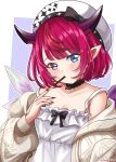  1girl amai-tapioca beret black_choker blue_eyes blush brown_sweater choker crystal_wings dress food_in_mouth hat heterochromia hololive hololive_english horns irys_(casualrys)_(hololive) irys_(hololive) lace-trimmed_choker lace_trim looking_at_viewer medium_hair multicolored_hair nail_polish official_alternate_costume pocky_day pocky_in_mouth pointy_ears purple_hair red_eyes red_hair red_nails solo sweater two-tone_hair virtual_youtuber white_dress white_headwear 