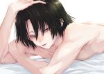 1boy black_hair commentary_request feitan_portor hair_over_one_eye hand_on_own_head highres hunter_x_hunter looking_at_viewer male_focus nude on_bed pectoral_cleavage pectorals shiroabe short_hair solo toned toned_male yellow_eyes 