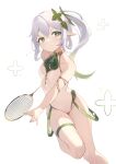 &gt;:( +_+ 1girl adapted_costume airool armlet badminton_racket bare_shoulders breasts closed_mouth genshin_impact gradient_hair green_eyes green_hair grey_hair highres holding leg_up leotard long_hair looking_at_viewer multicolored_hair nahida_(genshin_impact) pointy_ears racket revision side_ponytail simple_background small_breasts solo standing standing_on_one_leg thigh_strap v-shaped_eyebrows white_background white_leotard 