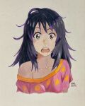  1girl absurdres artist_name black_hair breasts brown_eyes collarbone colored_pencil_(medium) commentary_request cropped_torso dated english_commentary highres kimi_no_na_wa. long_hair looking_at_viewer messy_hair mixed-language_commentary miyamizu_mitsuha open_mouth pajamas part66175290 pink_pajamas short_sleeves single_off_shoulder small_breasts solo sweatdrop teeth traditional_media upper_body upper_teeth_only wide-eyed 